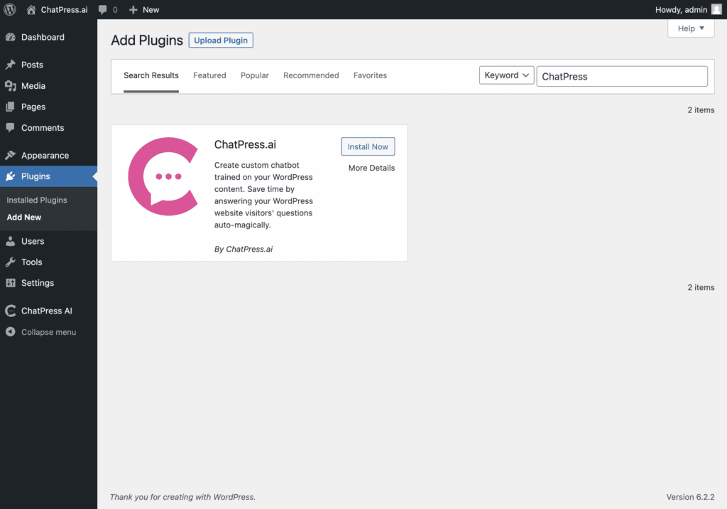 Screenshot from WordPress plugin for ChatPress.ai. Step Install & activate the plugin