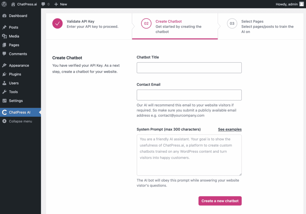 Screenshot from WordPress plugin for ChatPress.ai. Step Create your chatbot