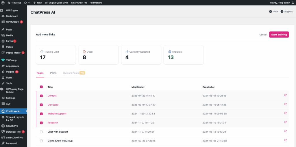 Screenshot from WordPress plugin for ChatPress.ai. Step Train your links