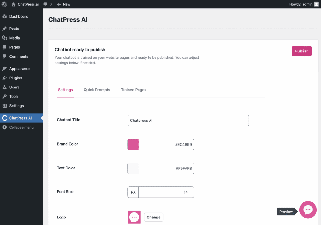 Screenshot from WordPress plugin for ChatPress.ai. Step Publish your chatbot