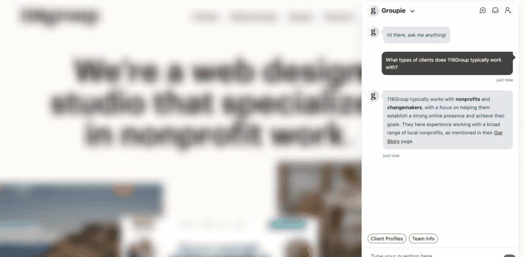 Screenshot from WordPress plugin for ChatPress.ai. Step Answer questions in real-time